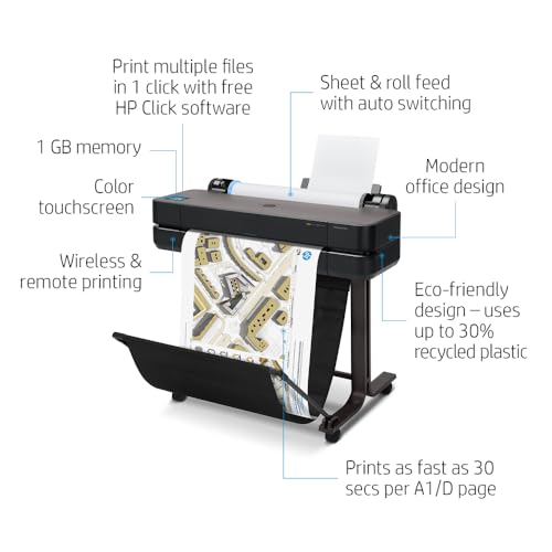 HP DesignJet T630 Large Format 24-inch Plotter Printer, with Auto Sheet Feeder, Media Bin & Stand (5HB09D) - New Model