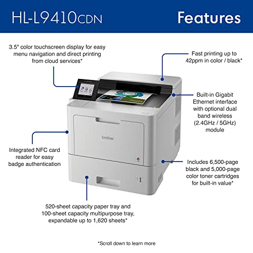 Brother HL‐L9410CDN Enterprise Color Laser Printer with Fast Printing, Large Paper Capacity, and Advanced Security Features, White