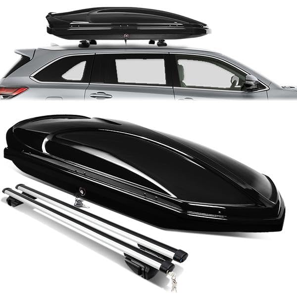 12.5 cu. ft. Rooftop Cargo Box and 120cm Adjustable Aluminum Roof Rail Cross Bars with Lock and Keys Included 67" L x 30" W x 13" H Hard Shell Waterproof Car Roof Luggage Carrier