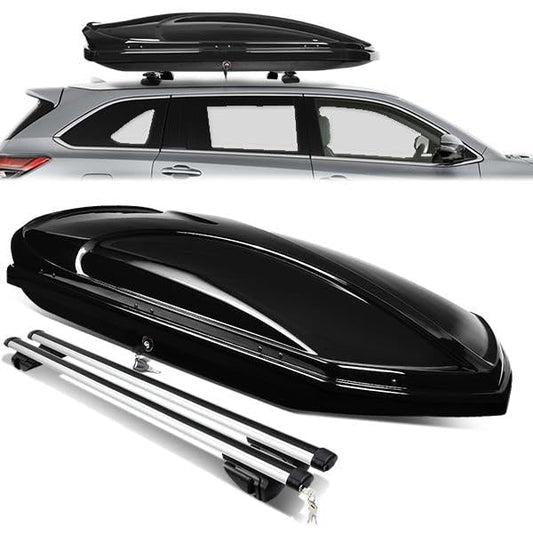 12.5 cu. ft. Rooftop Cargo Box and 120cm Adjustable Aluminum Roof Rail Cross Bars with Lock and Keys Included 67" L x 30" W x 13" H Hard Shell Waterproof Car Roof Luggage Carrier