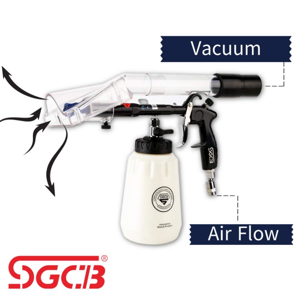 SGCB Pro High Velocity Vac Auto Interior Cleaning Brush Gun with Suction Hood, Adjustable Car Cleaning Air Duster Gun Water Spray Air Wash Cleaning Gun Tool w/Brush Nozzle & 4 Rubber Hose Connector