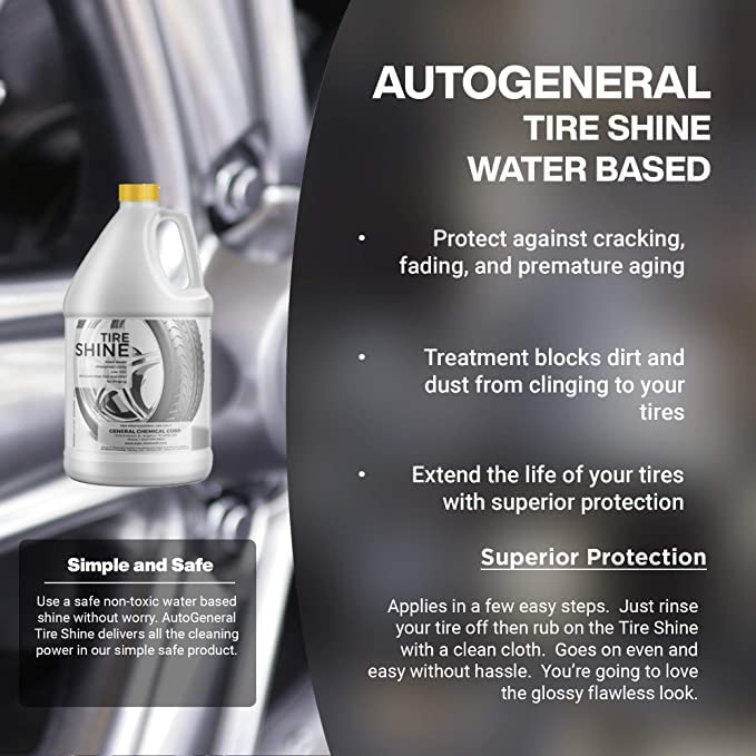 AutoGeneral - Tire Shine - Water-Based Cleaner - High-Gloss Tire Dressing - Protects Against Cracking, Fading and UV Effects - Industrial Strength - Case of Four 1 Gallon Jugs
