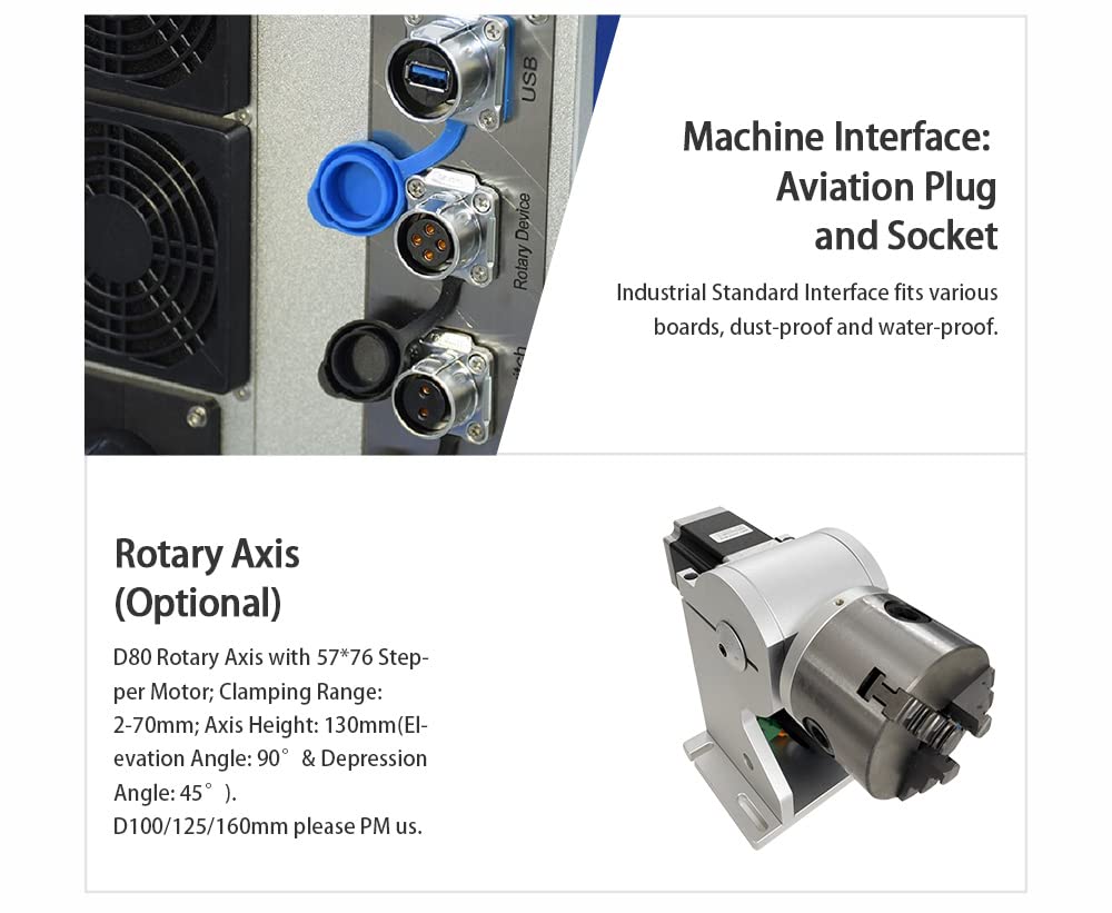100W(100,000mW) CLASS 4 JPT M7 MOPA Fiber Laser Marking Machine Fiber Laser Engraver Laser Marker 300×300mm with 80mm Rotary Axis and Heightened 800mm Tower Lightburn Compatible