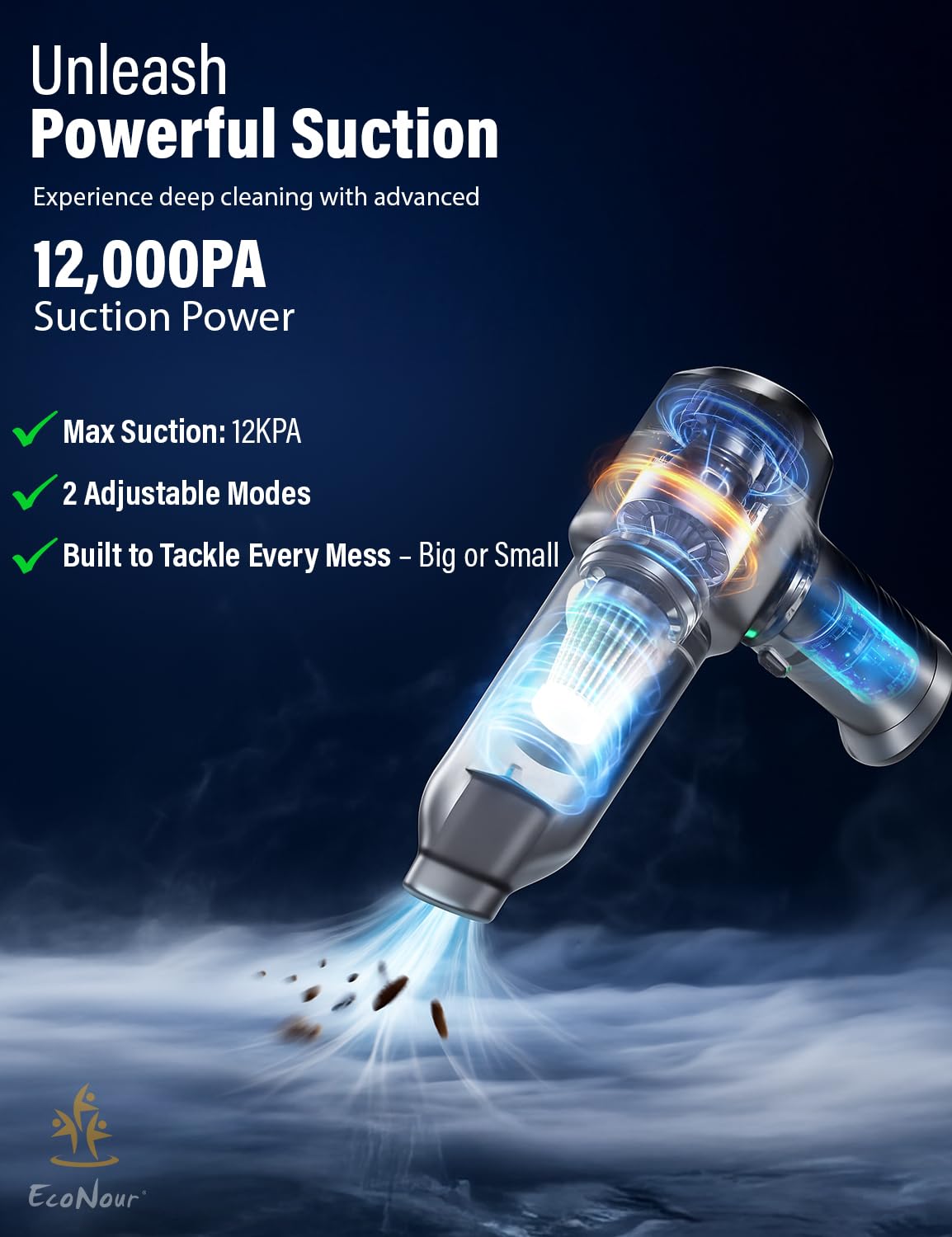 EcoNour 3-in-1 Cordless Handheld Car Vacuum Cleaner – 120W Power, 12,000Pa High Suction, Dual Rechargeable Batteries – Portable Dust Buster for Car, Home & Pet Hair