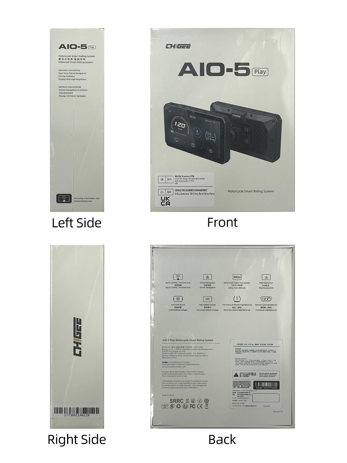 CHIGEE AIO-5Play Motorcycle Carplay Android Auto GPS Navigation System, 5" IPS LCD 60FPS, 5G Wi-Fi BT, IP68 Waterproof, Support Siri Google Assistant, Dedicated App