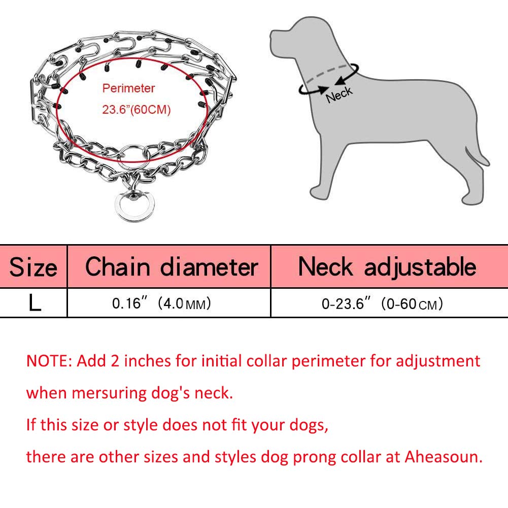 Aheasoun Prong Collars for Dogs, No Pull Dog Collar, Dog Training Collar for Large Medium Small Dogs, Stainless Steel Adjustable with Comfort Rubber Tips (Large, 4.0mm, 23.6-Inch)
