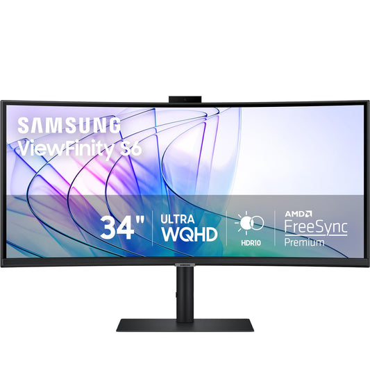 SAMSUNG 34-Inch ViewFinity S65VC Series Ultra-WQHD Curved Computer Monitor, 100Hz, AMD FreeSync, HDR10, USB-C, Built-in Speaker, Camera, KVM Switch, Eye Care, Eco-Packaging, LS34C650VANXGO, Black