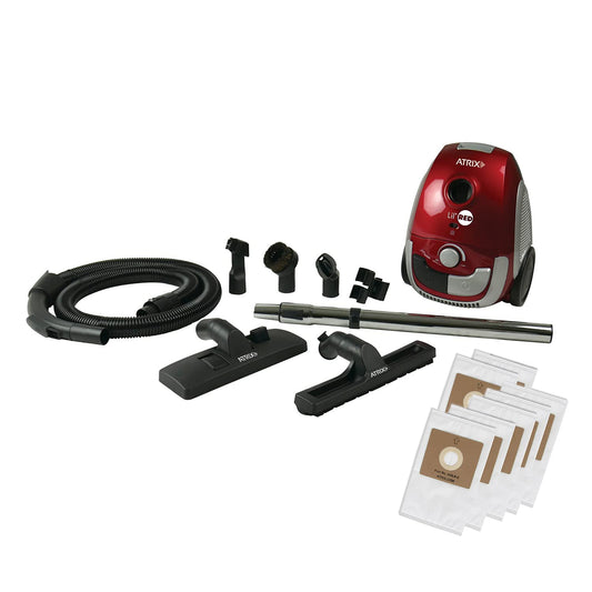 Atrix Red Lil Portable Canister Vacuum Cleaner – Premium Bundle with Extra Filters, Lightweight, 3-Stage HEPA Filtration, 2-Quart Bag, Variable Speed 1200W Motor, 16.5′ Auto-Retract Cord & Tools