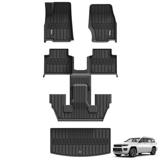 3W Floor Mats & Cargo Liner Fit for Jeep Grand Cherokee L 2021-2025 All Weather TPE Custom Fit Floor Liner for 1-3 Rows and Trunk (ONLY for 6-Passenger Without Center Console) Full Set Car Mats Black