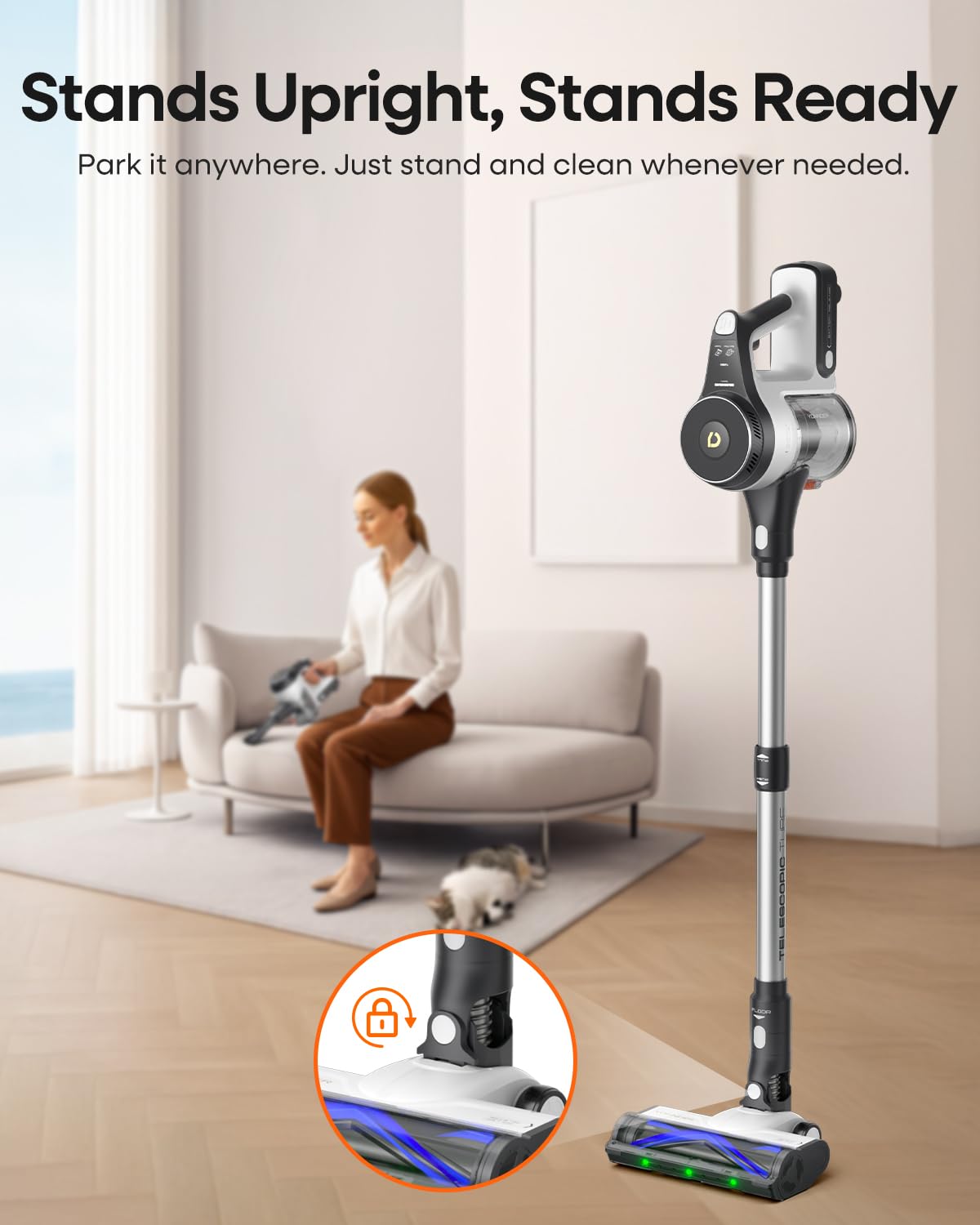 YONNDER Cordless Vacuum Cleaner, 48KPA/550W/65Mins Powerful Stick Vacuum for Home, Anti-Tangle, Self-Standing, Lightweight, Charging Dock, Vacuum Cleaner for Hardwood Floor/Carpet/Pet Hair/Car, M1