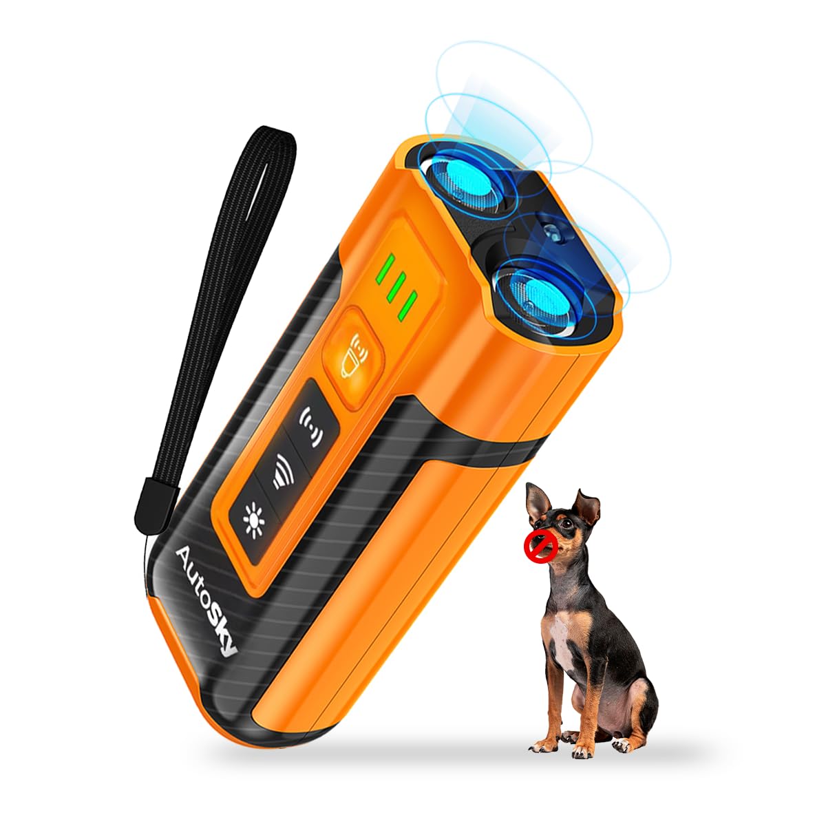 AutoSky Ultrasonic Dog Bark Deterrent & LED Flashlight – Safe, Rechargeable, Handheld Dog Trainer with Dual Modes & Twin Emitters – Indoor & Outdoor Pet Behavior Tool