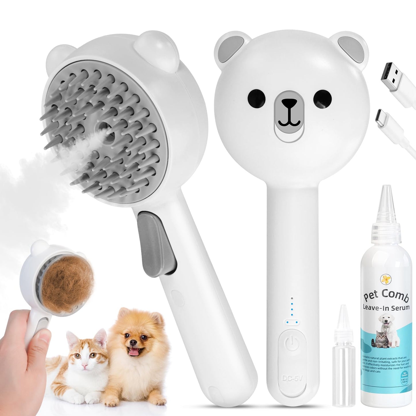 4 in 1 Pet Steam Brush for Cat & Dog, Cat Steam Brush for indoor Cats, Self Cleaning Shedding & Grooming Tool with Waterless Shampoo, Pet Spray Hair Removal Comb with Release Button & Water Tank