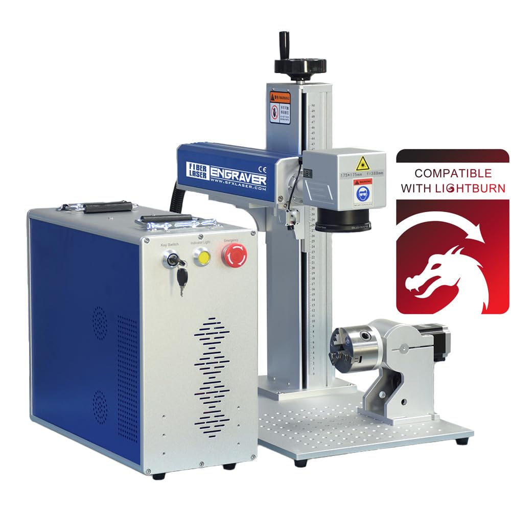 100W(100,000mW) CLASS 4 JPT M7 MOPA Fiber Laser Marking Machine Fiber Laser Engraver Laser Marker 300×300mm with 80mm Rotary Axis and Heightened 800mm Tower Lightburn Compatible