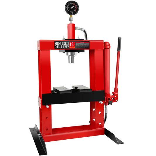 12 Ton Adjustable Benchtop Hydraulic Shop Press Metalworking Garage Workshop Tool w/Stamping Plates & Pressure Gauge Manual Hand Pump Steel Frame Compact Heavy-Duty Pressing Tool