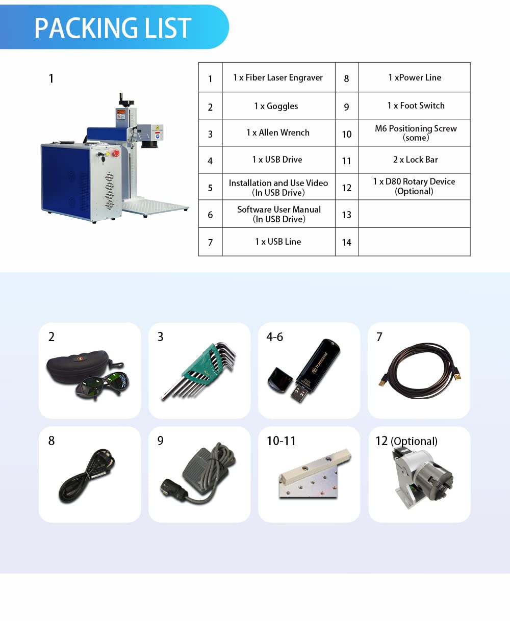 100W(100,000mW) CLASS 4 JPT M7 MOPA Fiber Laser Marking Machine Fiber Laser Engraver Laser Marker 300×300mm with 80mm Rotary Axis and Heightened 800mm Tower Lightburn Compatible