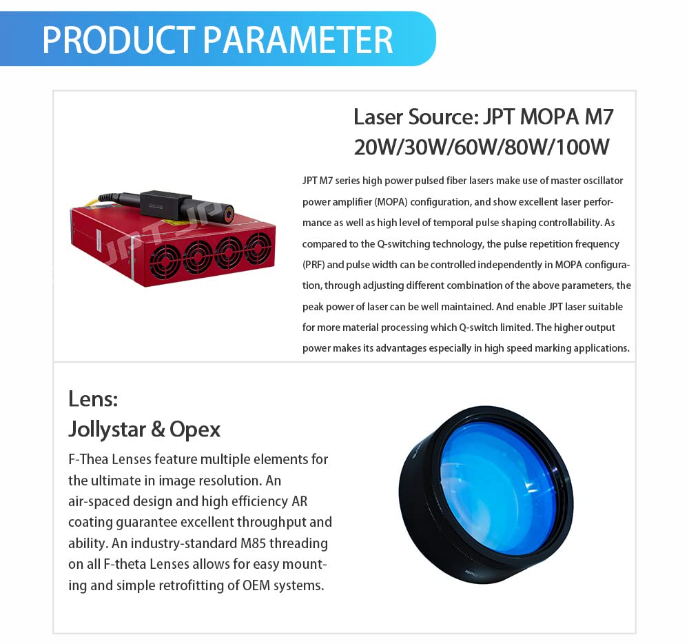 100W(100,000mW) CLASS 4 JPT M7 MOPA Fiber Laser Marking Machine Fiber Laser Engraver Laser Marker 300×300mm with 80mm Rotary Axis and Heightened 800mm Tower Lightburn Compatible