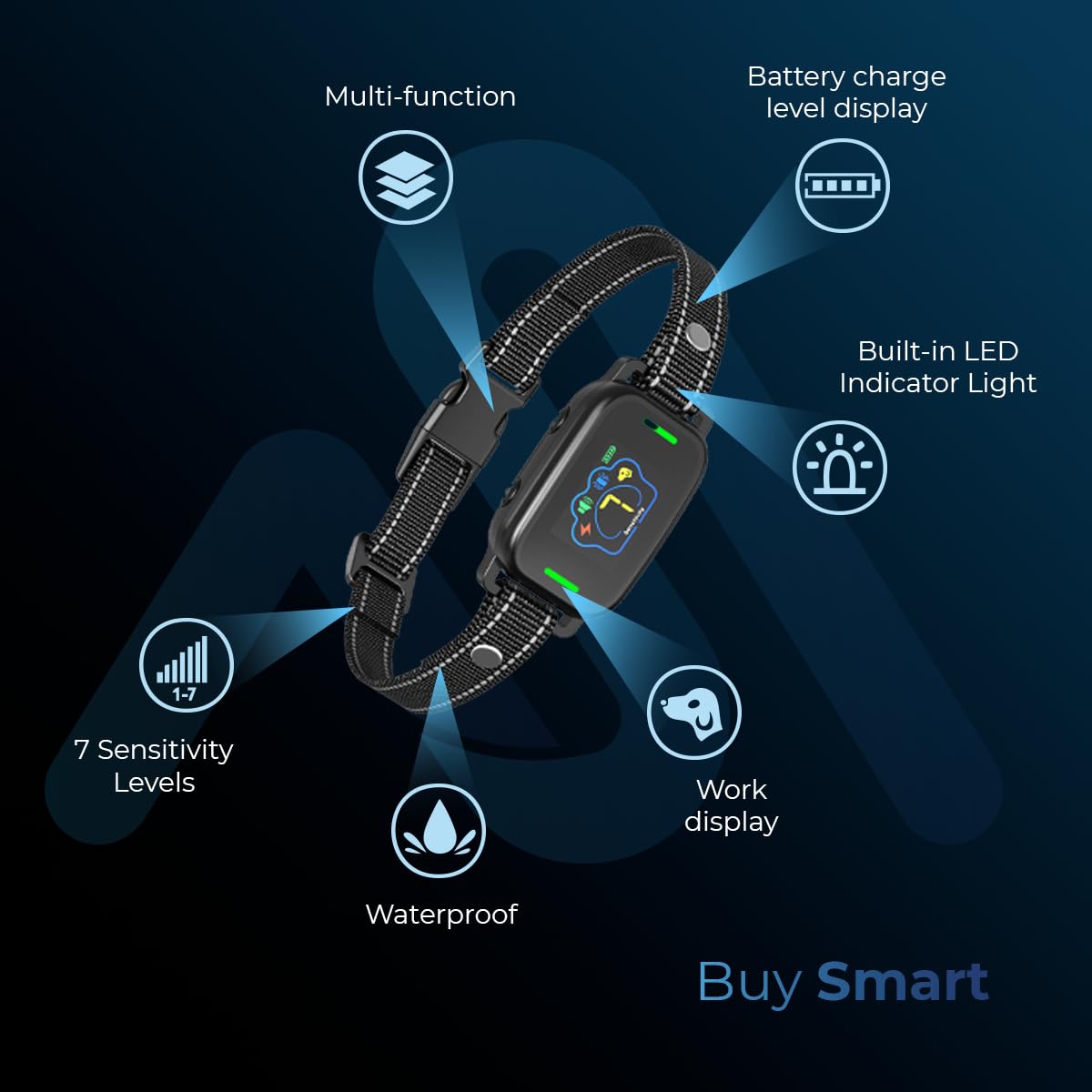 AutoSky Pets Smart Anti-Barking Collar - Training Collar with 5 Adjustable Sensitivity Beep Vibration Shock, Bark Collar for Large Medium Small Dogs (Black)