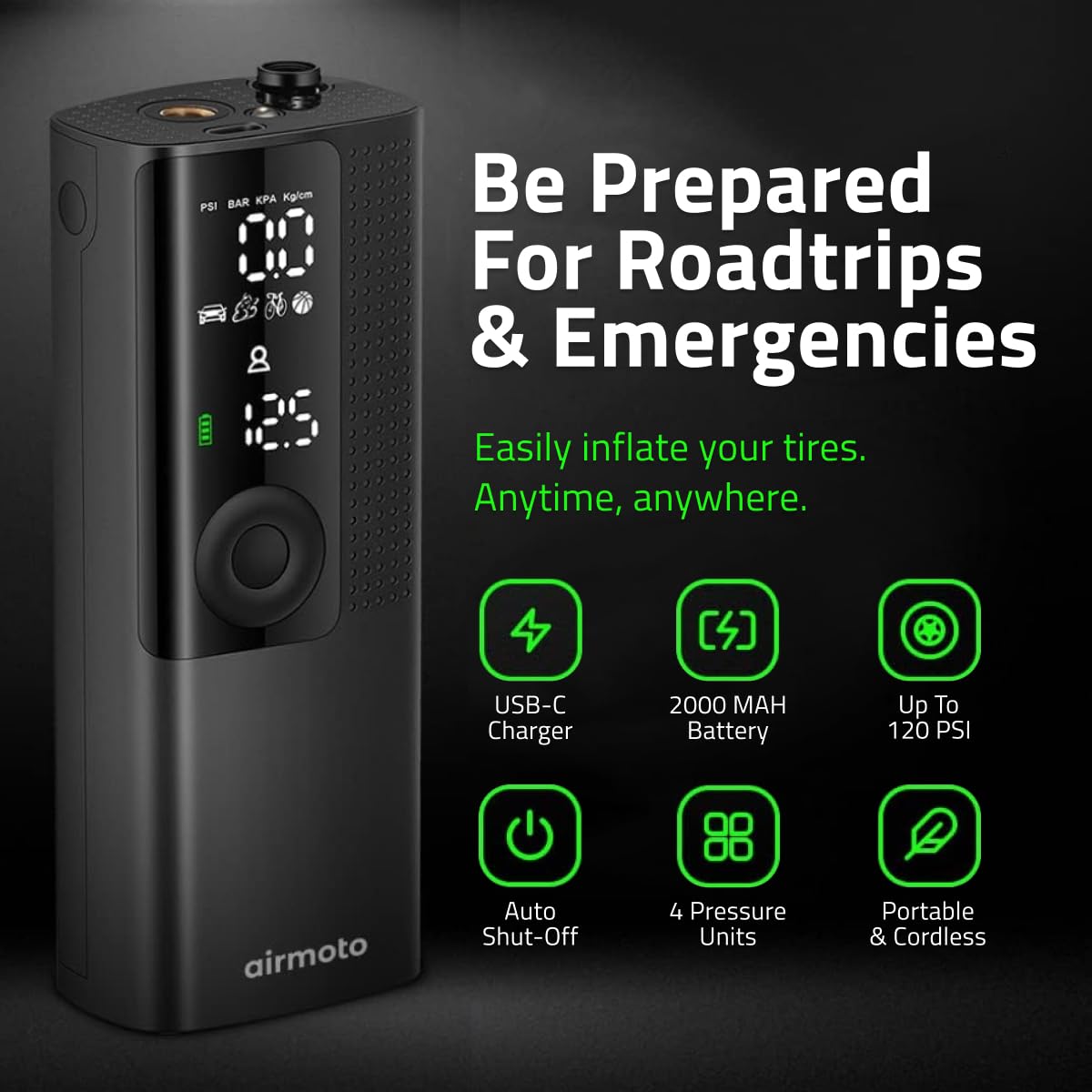 Airmoto and Carrying Case Bundle Deal - Tire Inflator Portable Air Compressor with Hard Case - Air Pump for Car Tires, Motorcycle, Bicycle - Cordless Tire Pump with Tire Pressure Gauge