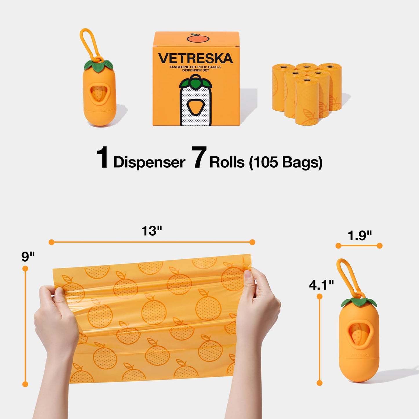 VETRESKA Dog Poop Bag Dispenser with Citrus Scented Waste Bags, Leak Proof, Extra Thick and Large Pet Poop Bags for Walking Dog and Cats Litter, 1 Count Holder and 105 Bags, Orange