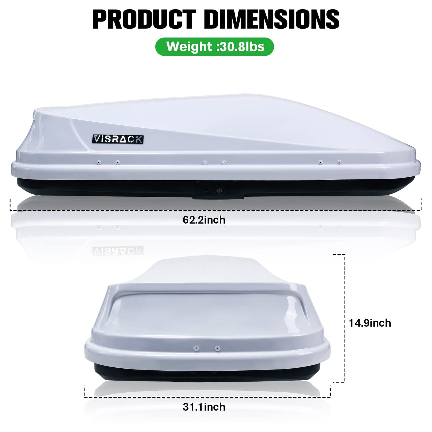 Large Rooftop Cargo Carrier Box, Heavy Duty Hard Shell Roof with Security Keys, Waterproof Rooftop Cargo Box, 62 (L) x 31 (W) x 15(H) Inches, 16 Cubic Feet (Tool-Free Install), White