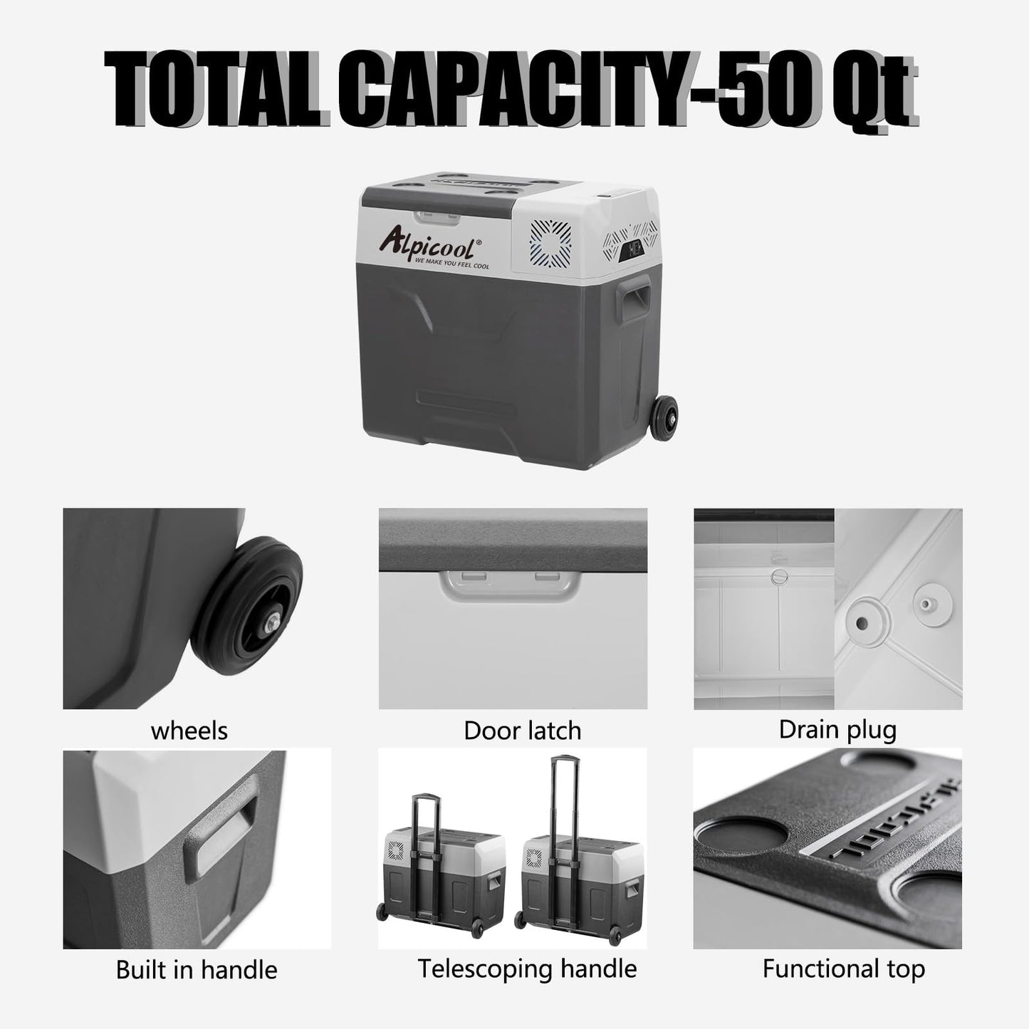 Alpicool CX50 Portable Refrigerator 50 Quart(47.3 Liter) with Trolley Vehicle, Car, Truck, RV, Boat, Mini Fridge Freezer for Driving, Travel, Fishing, Outdoor-12/24V DC