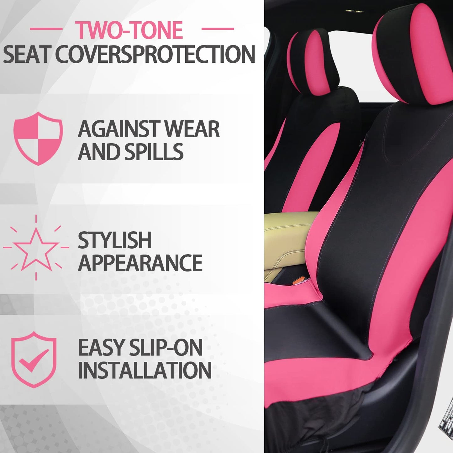 Fulmoon 17 Pcs Car Seat Cover Full Set for Women Universal Fit Car Front Rear Fluffy Steering Wheel Fleece Handbrake Shift Covers Hanging Accessory Holder Ring Emblem(Pink Black)