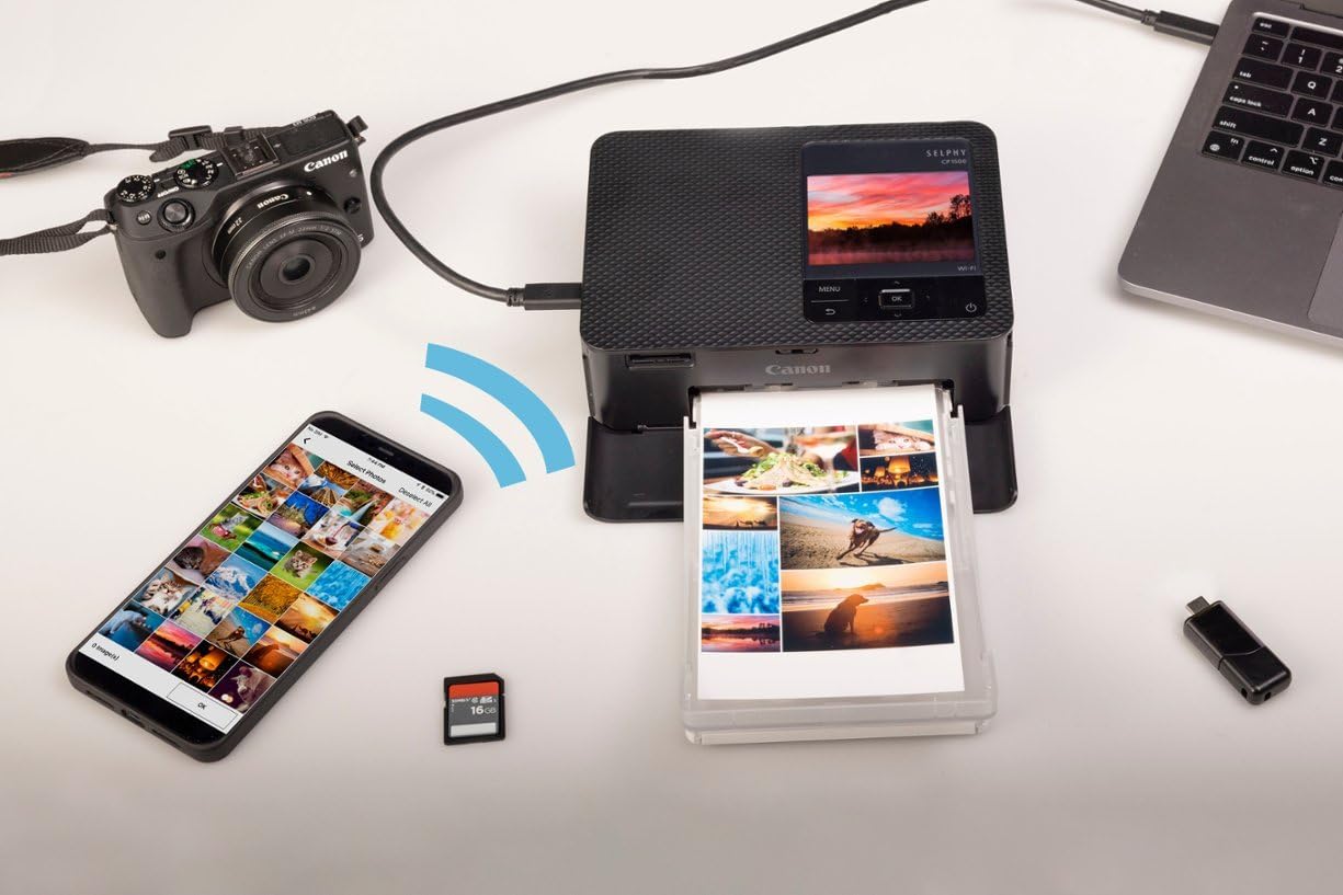 Canon Selphy CP1500 Wireless Compact Photo Printer (Black) Bundle with KP-108IN Color Ink Paper Set (108 Sheets of 4x6 Paper + 3 Ink Cartridges) + 6-Slot Memory Card Holder + More