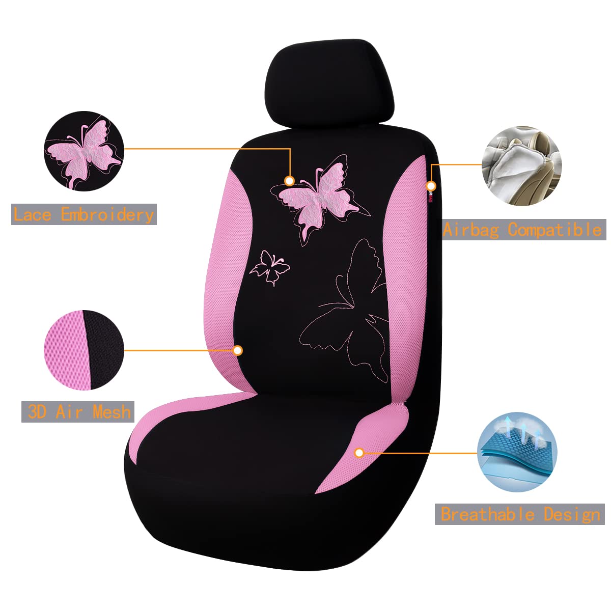 Flying Banner Butterfly car seat Covers ful Set Fashion Universal Lady Woman Female Rear Bench Split Colorized (Pink, Full Set - Lace)