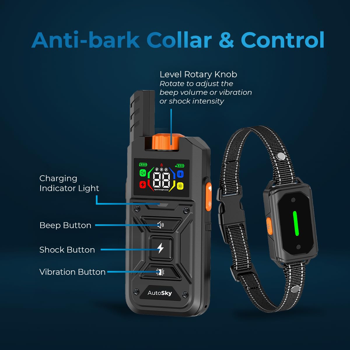 AutoSky Remote Controlled Anti-Bark Collar - Training Collar with Remote Waterproof with Training Modes, Rechargeable E-Collar for All Breeds