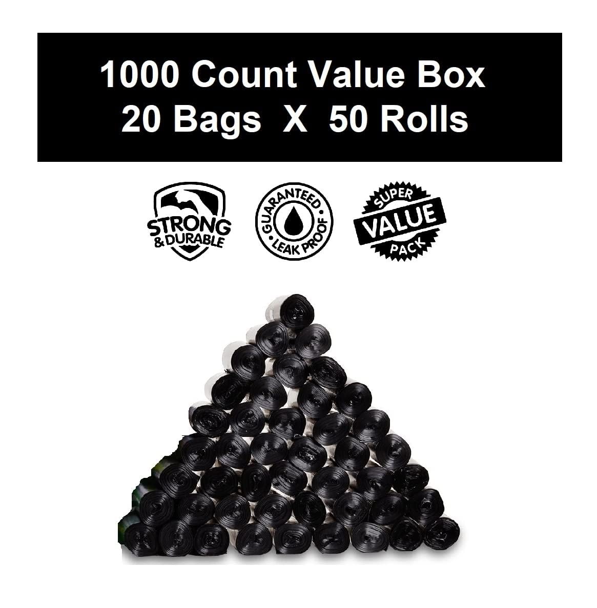 EZ 1000 Pet Dog Waste Poop Bags, Black, 9"x12", Dog Pickup Waste Disposal Bags