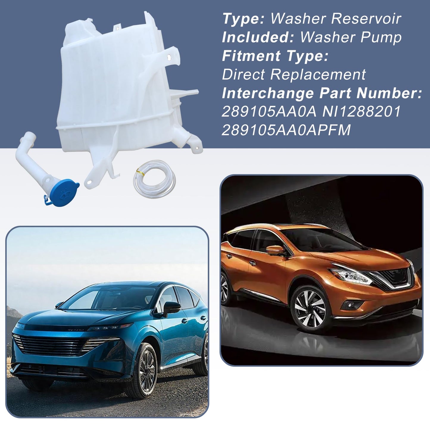 XQSMWF Front Windshield Washer Reservoir with Pump Compatible with Nissan Murano 2015 2016 2017 2018 289105AA0A NI1288201 28910-5AA0A Washer Fluid Reservoir Tank Bottle