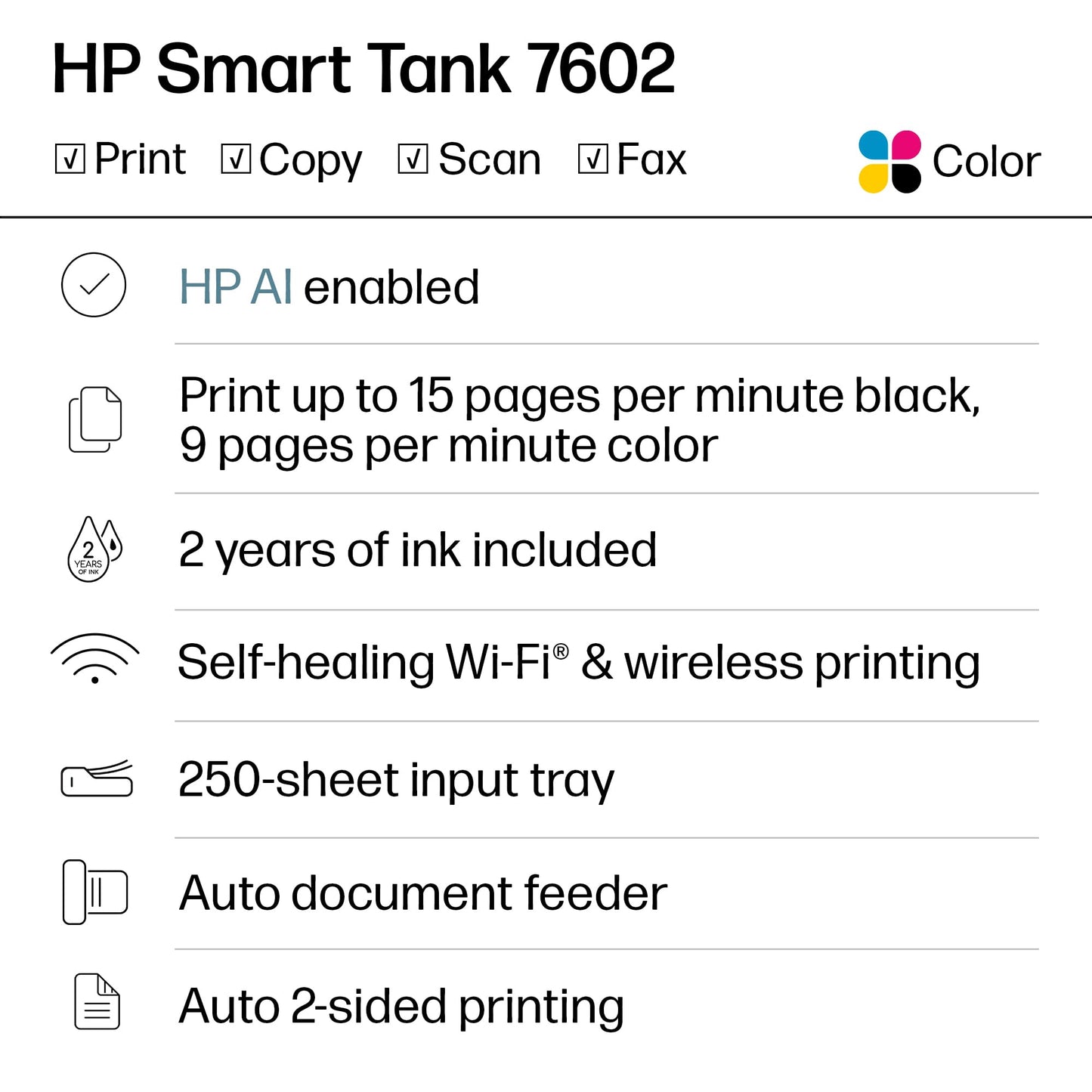 HP Smart Tank 7602 Wireless All-in-One Ink Tank Printer, Scanner, Copier with 2 years of ink included, Best-for-home office, Refillable, AI-enabled (28B98A)