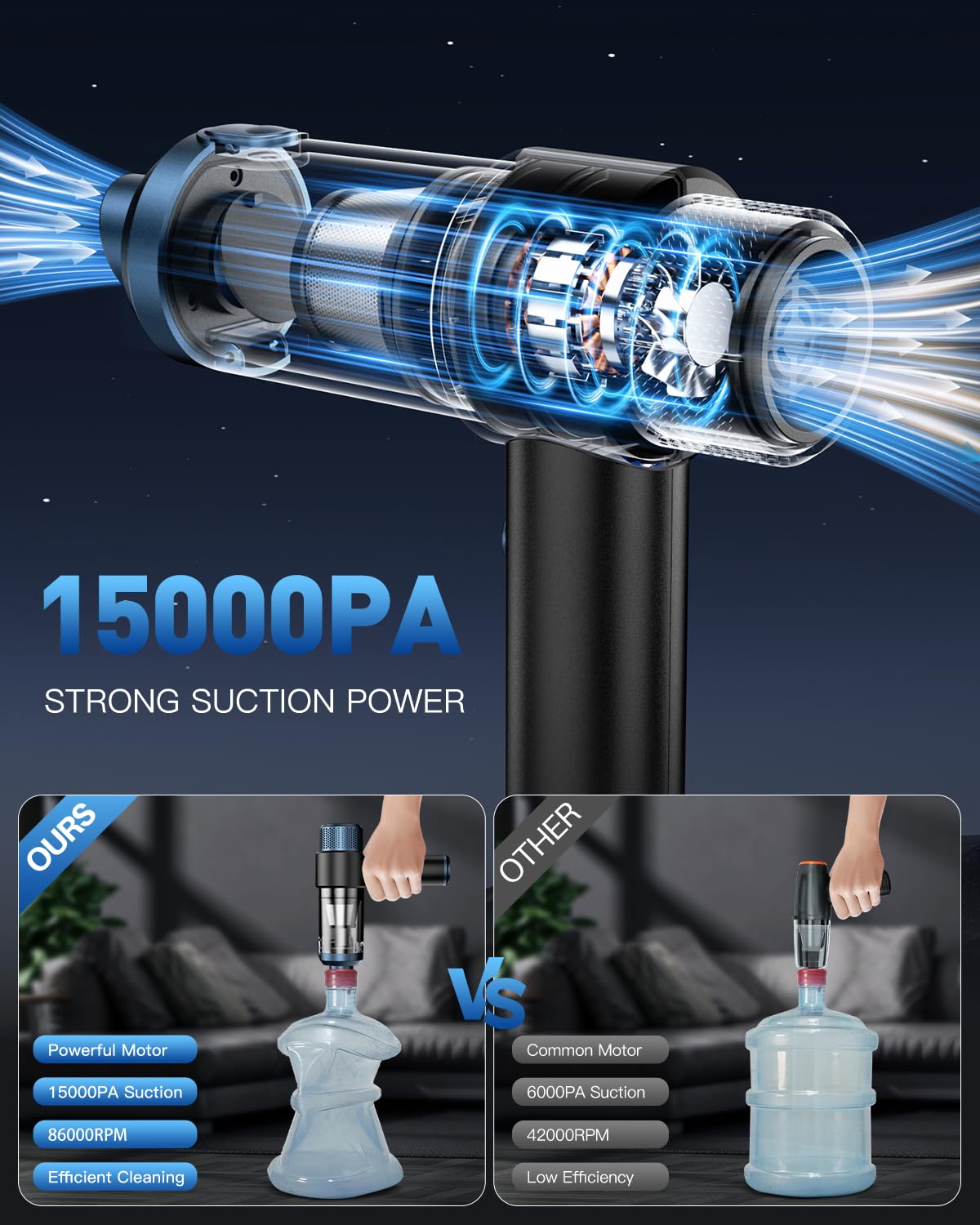 EYYA Handheld Car Vacuum Cleaner Cordless, 15000PA High Power Vacuum & Air Duster, 4-in-1 Portable Mini Vacuum with LED Light, Hand Held Vacuum Cleaner for Car Home Office