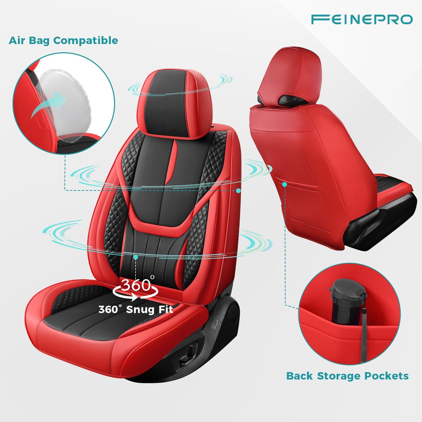 FEINEPRO Car Seat Covers Full Set - Universal Seat Covers for Cars SUV Truck – Faux Leather Automotive Seat Covers, Breathable & Waterproof Front and Rear Seat Protectors, Fit for Most Cars-Redblack