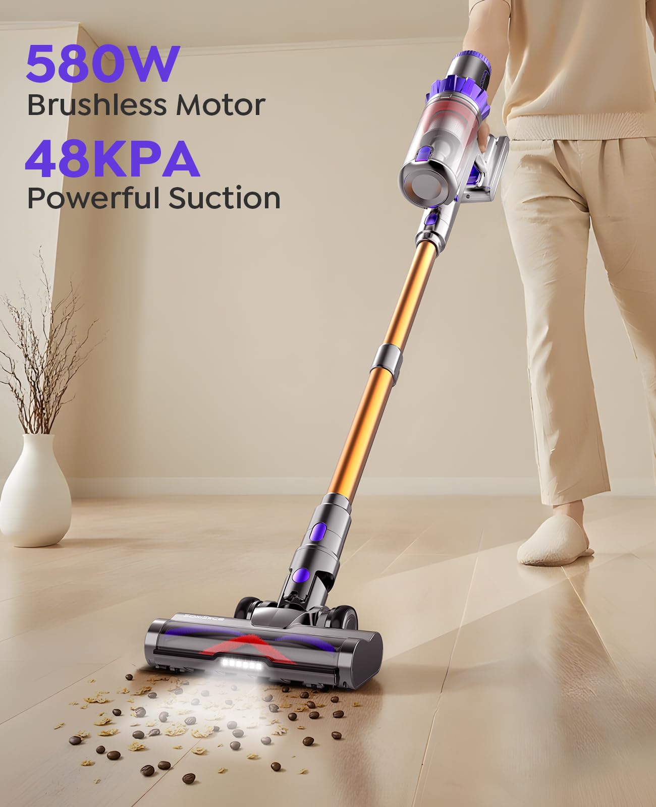 Cordless Vacuum Cleaner, 580W 48KPA 65Mins Runtime Self-Standing Vacuum Cleaners for Home, Stick Vacuum with Charging Dock Station Removable Battery, Handheld Vacuum for Carpet,Pet Hair,Hardwood Floor