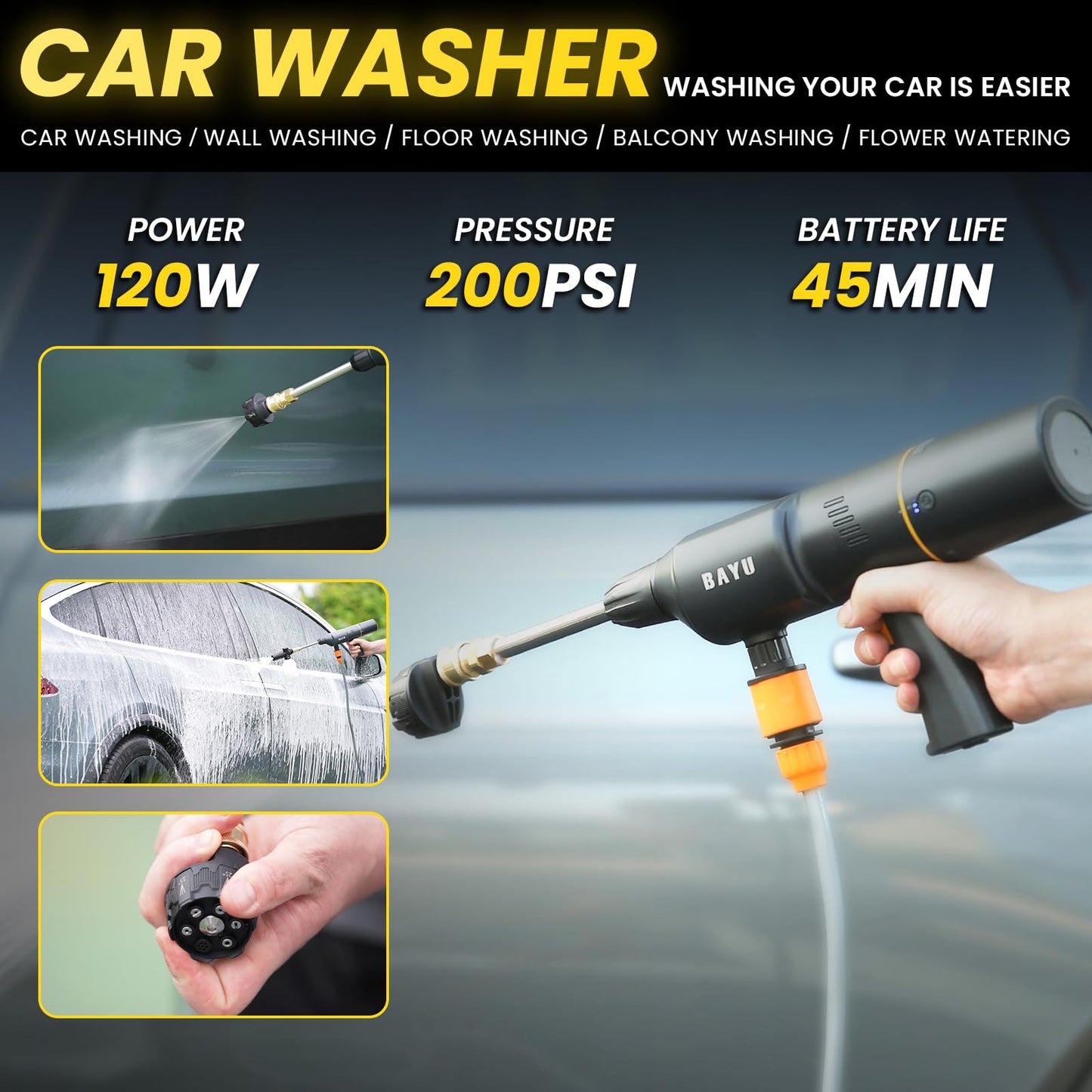 BAYU 6-in-1 Cordless Power Washer Gun Kit with Foam Bottle, Include Vacuum Cleaner 19000KPA, Car Tire Inflator, Power Bank 19200mAh, Flashlight with Lightshade, Cellphone stend (6Pcs)