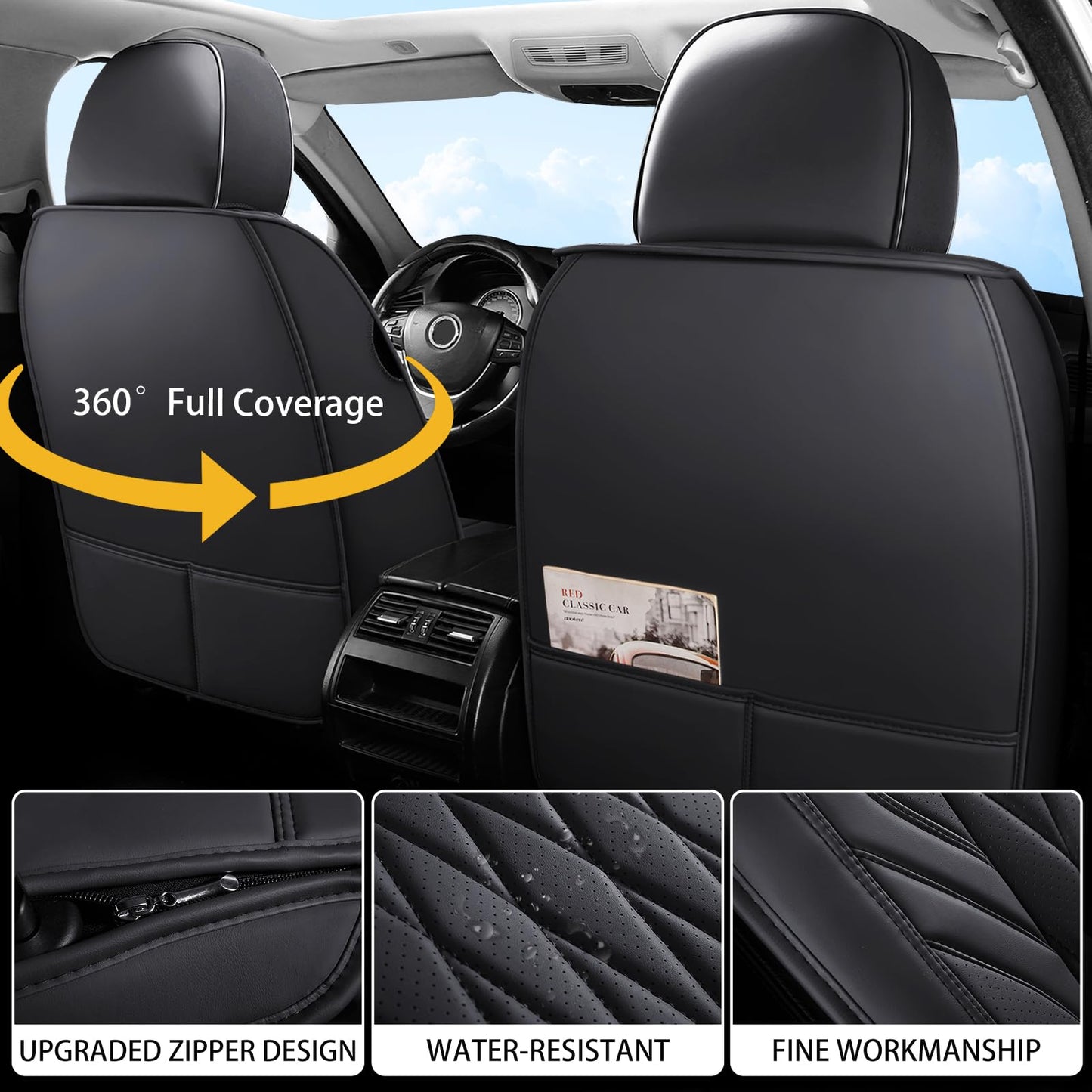 WELLDO Car Seat Covers Full Set, Leather Seat Covers for Cars, Car Seat Protector Waterproof, Non-Slip Car Interior Covers Full Set Universal Automotive Seat Covers for Most Cars SUVs, Black