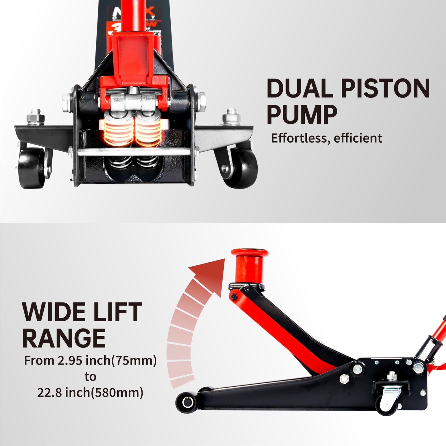 3-Ton (6600lbs) Low-Profile Dual Pistons Heavy-Duty Steel Racing Floor Jack with Quick Lift Hydraulic Pump, Foot Pedal and Extension Adapter for Car Maintenance