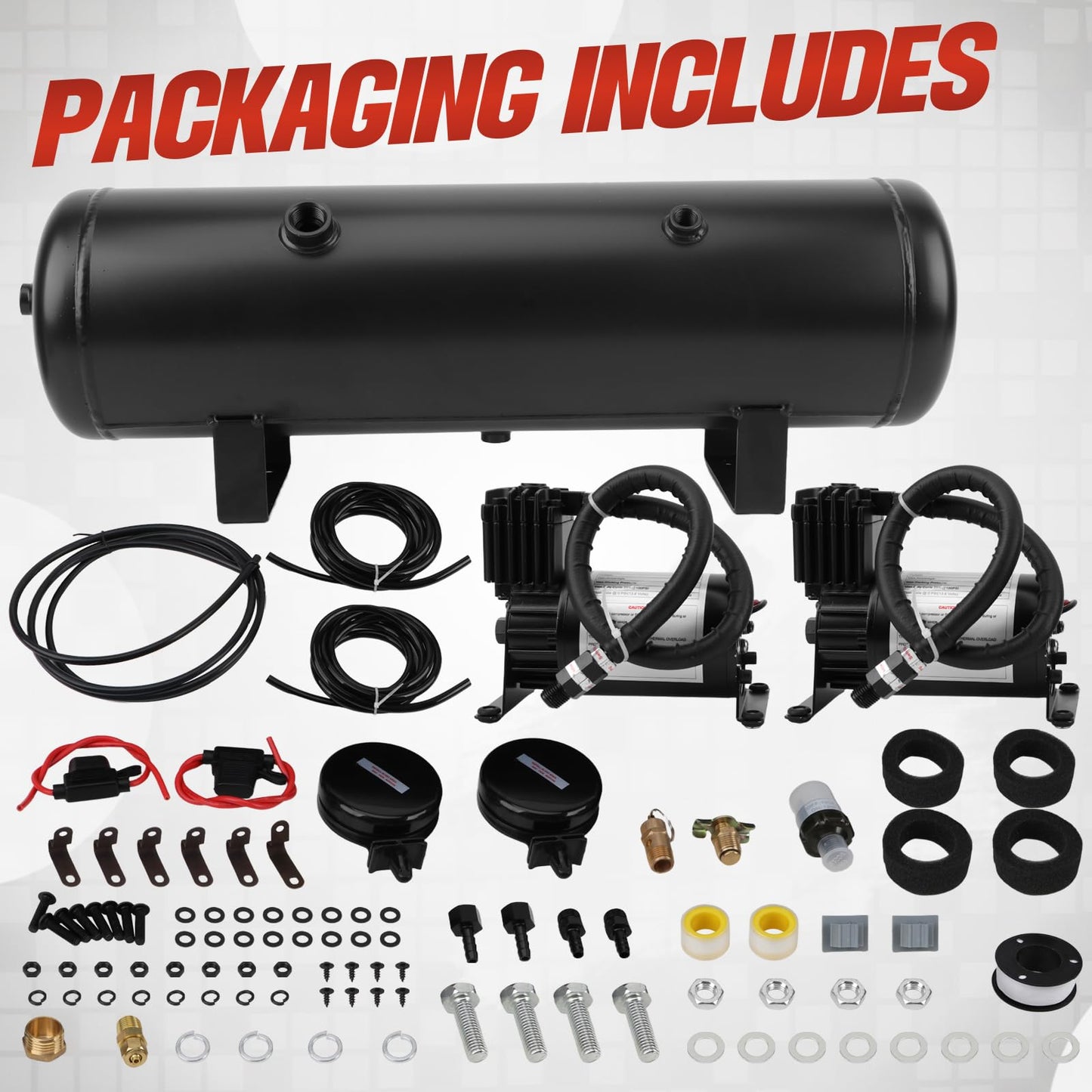 3 Gallon 6 Ports Compressed air Storage Tank 150PSI Air Compressor for Suspension/Air Ride/Bag/Car/Train/Truck Horn Aluminum 12 Liter Onboard System Air Suspension Compressor Kit (2PCS)