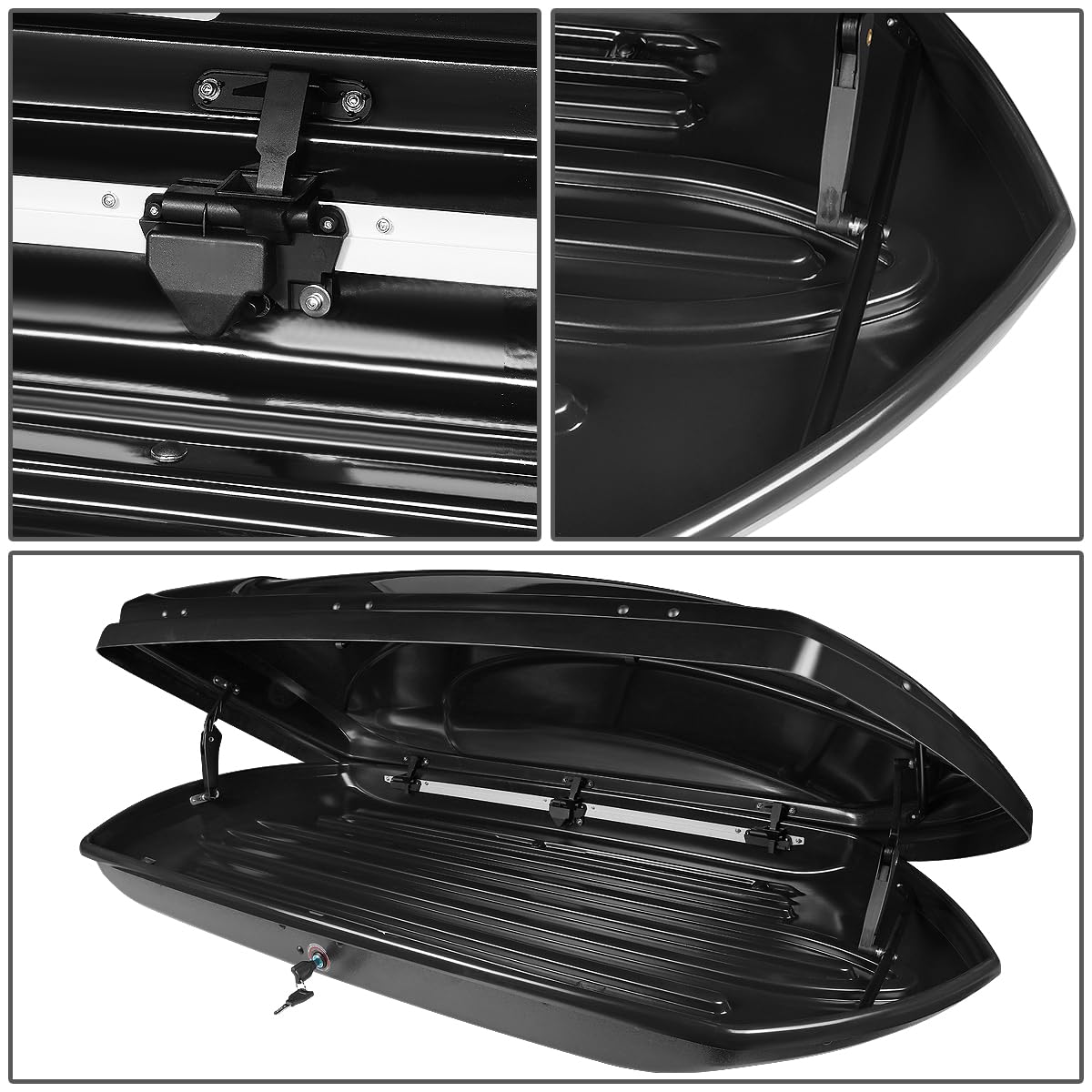 12.5 cu. ft. Rooftop Cargo Box and 120cm Adjustable Aluminum Roof Rail Cross Bars with Lock and Keys Included 67" L x 30" W x 13" H Hard Shell Waterproof Car Roof Luggage Carrier