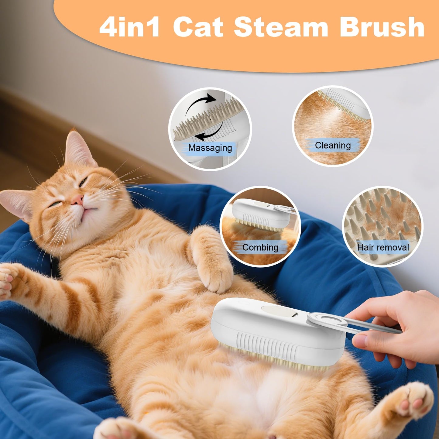 4 in 1 Cat Steam Brush for Shedding,Rechargeable Steam Pet Brush With Rotating Handle for Massaging, Self-Cleaning, and Pet Hair Removal for Long and Short Hair of Cat and Dog (Beige)
