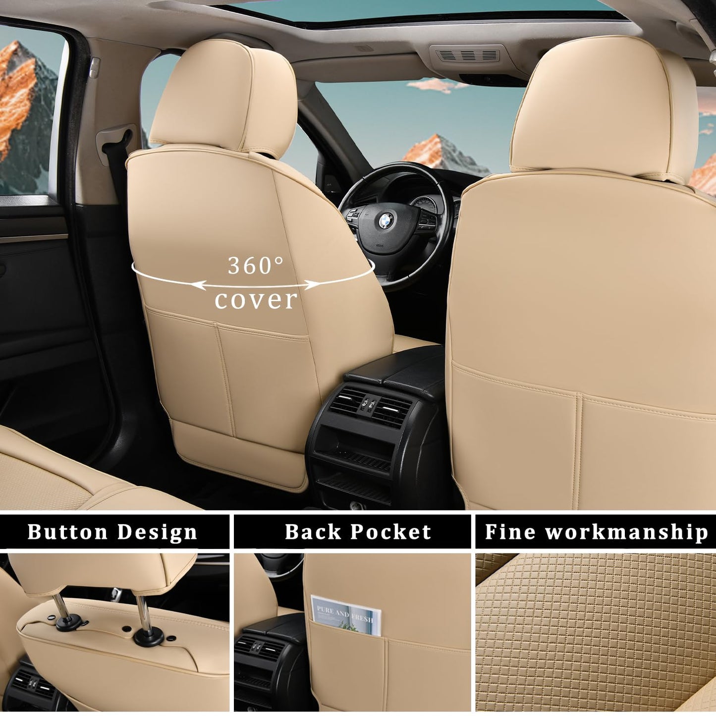 Aupaver Leather Seat Covers Full Set, Waterproof Seat Cover for Cars 5 Seats, Luxury Leatherette Car Seat Cushion, Front and Rear Protectors Automotive Seat Covers for Sedan SUV Pick-up Truck, Beige