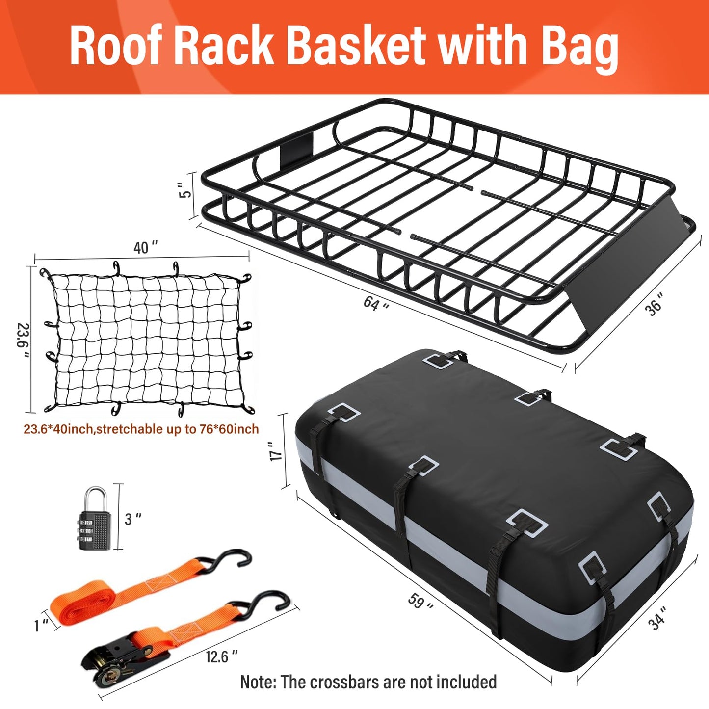 Heavy Duty Universal Rooftop Cargo Carrier Roof Rack, 64"x36"x5" Roof Rack Basket with 20 Cu.Ft Waterproof Bag, for SUV, Truck and Van, 250lbs Capacity, Corrosion Resistant, Steel Construction