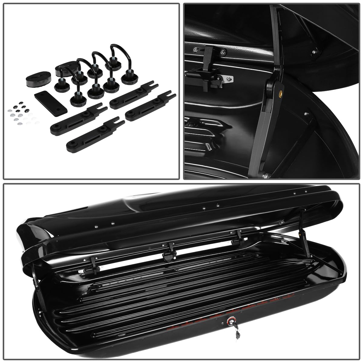 12.5 cu. ft. Rooftop Cargo Box and 120cm Adjustable Aluminum Roof Rail Cross Bars with Lock and Keys Included 67" L x 30" W x 13" H Hard Shell Waterproof Car Roof Luggage Carrier