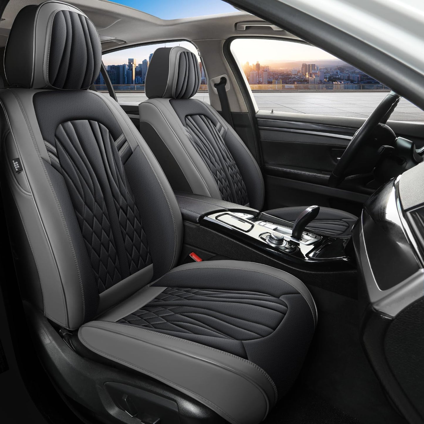 MINGBRON Leather Car Seat Covers,Car Seat Protector Waterproof,Seat Covers Full Set, Car Seat Protectors 5 Seats,Automotive Seat Covers Fit Most Cars Grey&Black