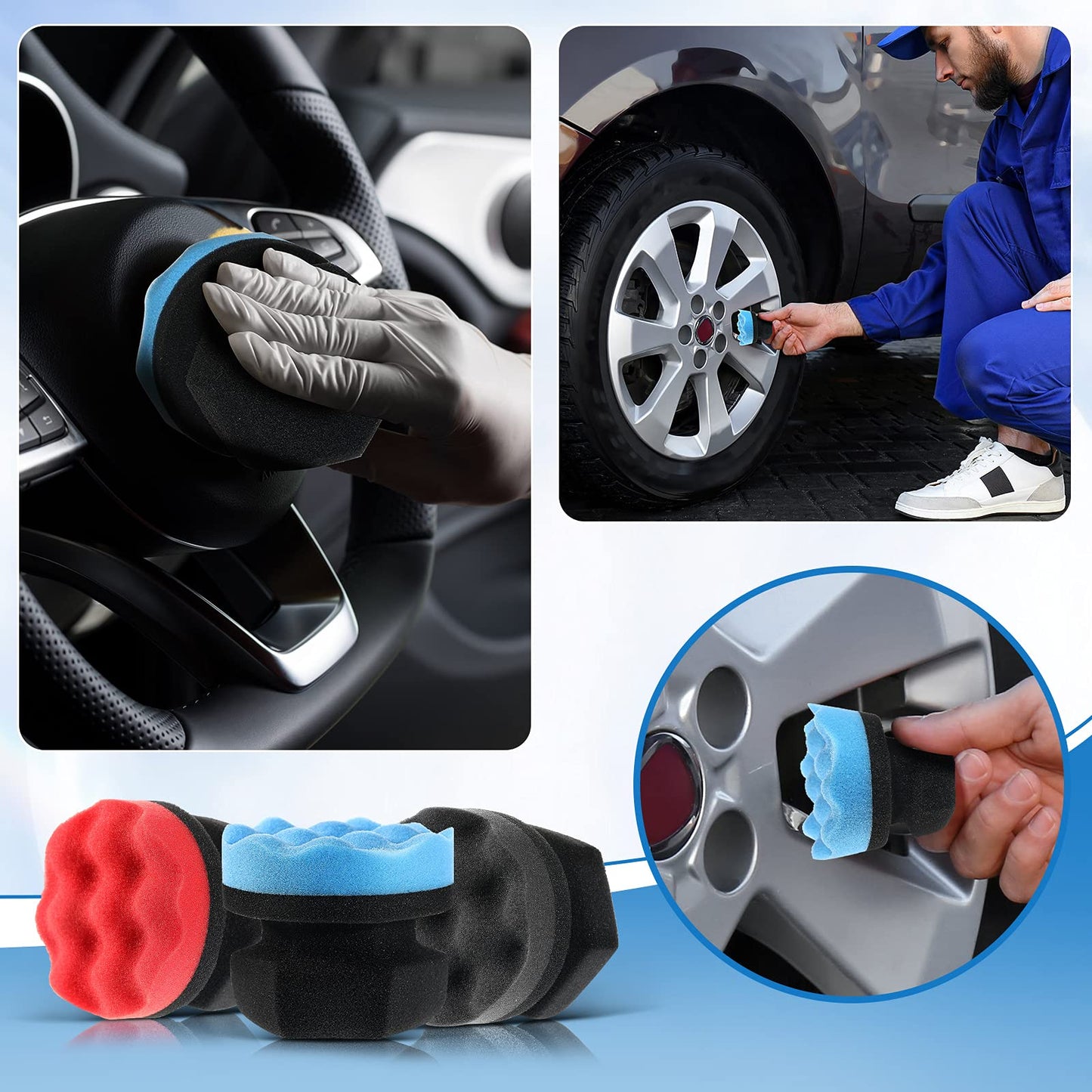 3 Pieces Tire Shine Applicator Pads - Dressing Sponge Foam Gel Wet Car Detailing Reusable Cleaning Supplies (Black, Red, Blue, 3.15 Inch)