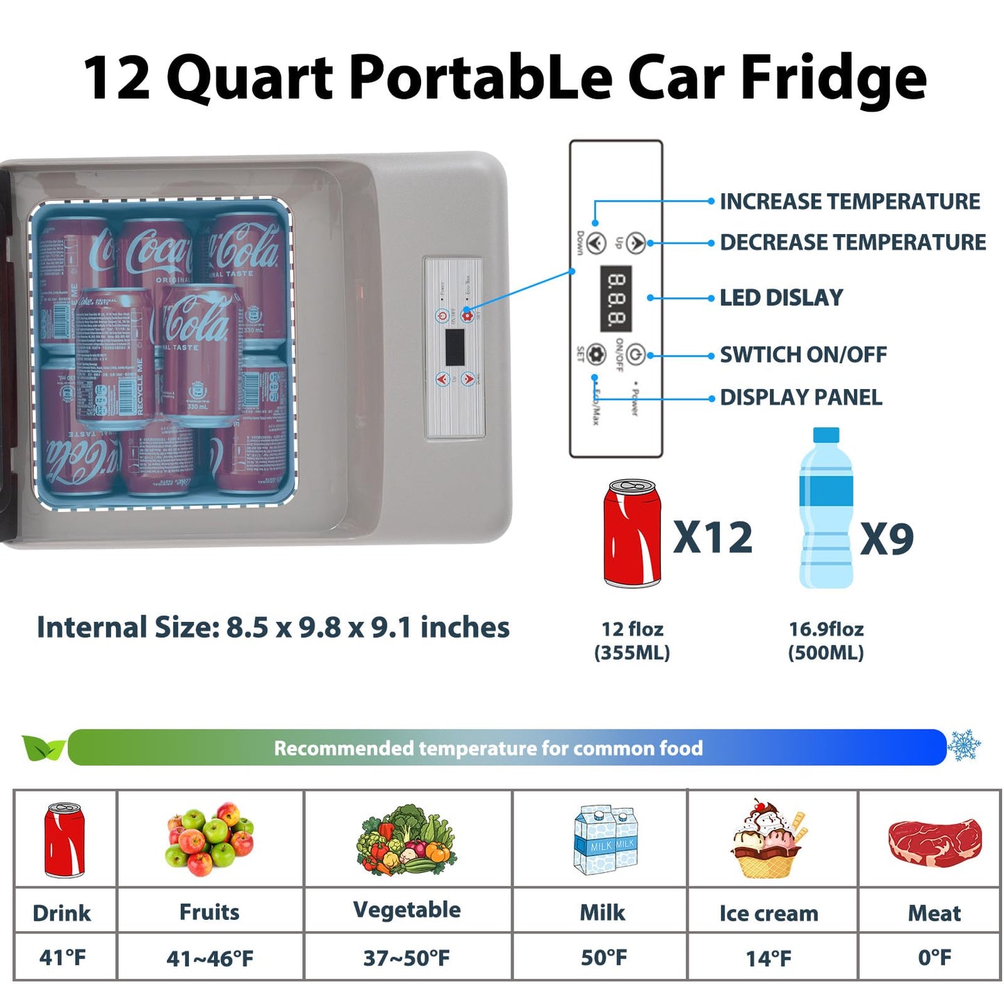 Alpicool C12PT Portable Car Freezer Cooler, 12 Volt Car Refrigerator, 12 Quart Fast Cooling, with 12/24V DC and 100-240V AC for Outdoor, Camping, RV, Truck (Black&Grey)