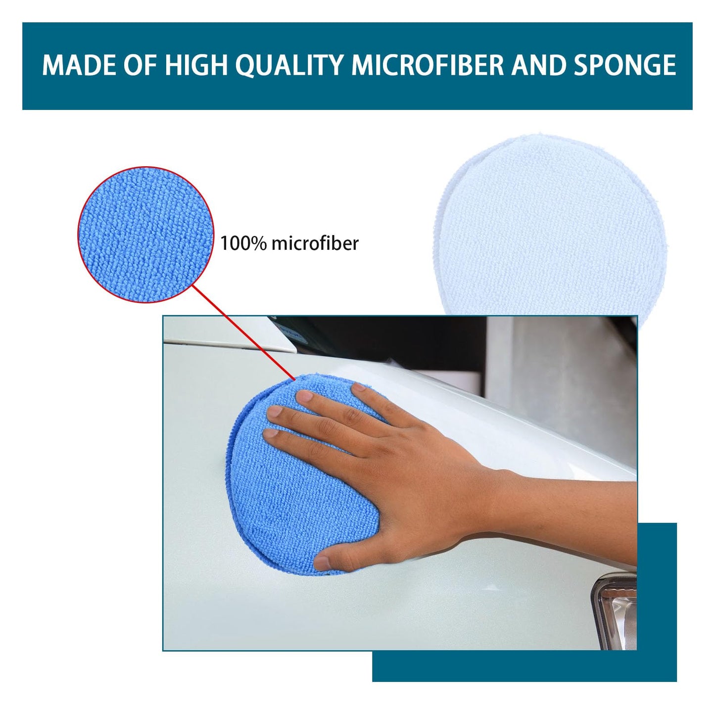 Ziciner 6 Pack Car Microfiber Applicator Pads, Car Wax Foam Buffing and Cleaning Pads, Tire Shine Applicator, Ultra Soft Wash Sponge for Cars, 5 Inch Diameter in Round