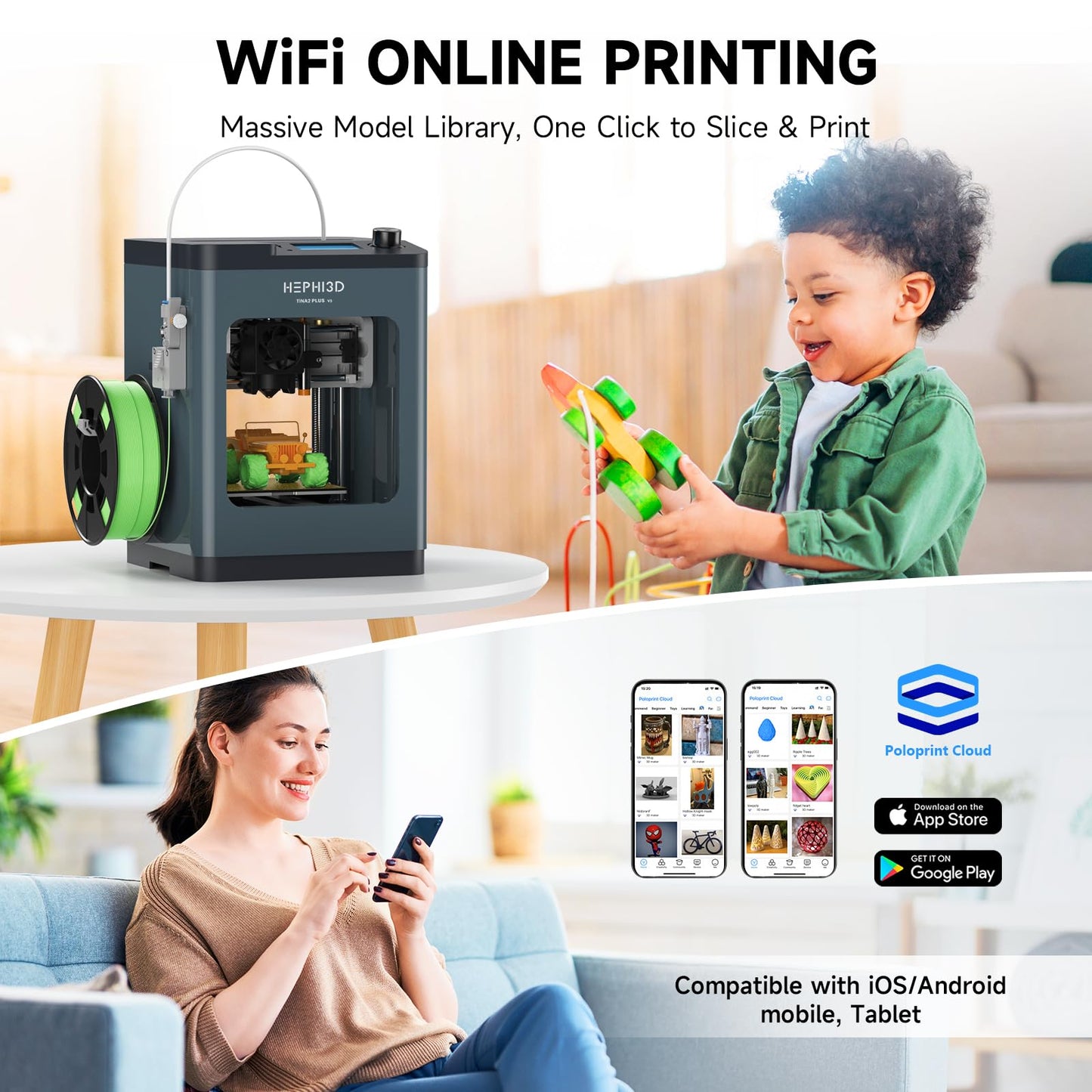 TINA2Plus 3D Printer, HEPHI3D 250mm/s High Speed FDM 3D Printers Fully Open Source, Auto Leveling Mini 3D Printer with WiFi Cloud Print, Fully Assembly 3D Printers for Beginners, Office, Home, School