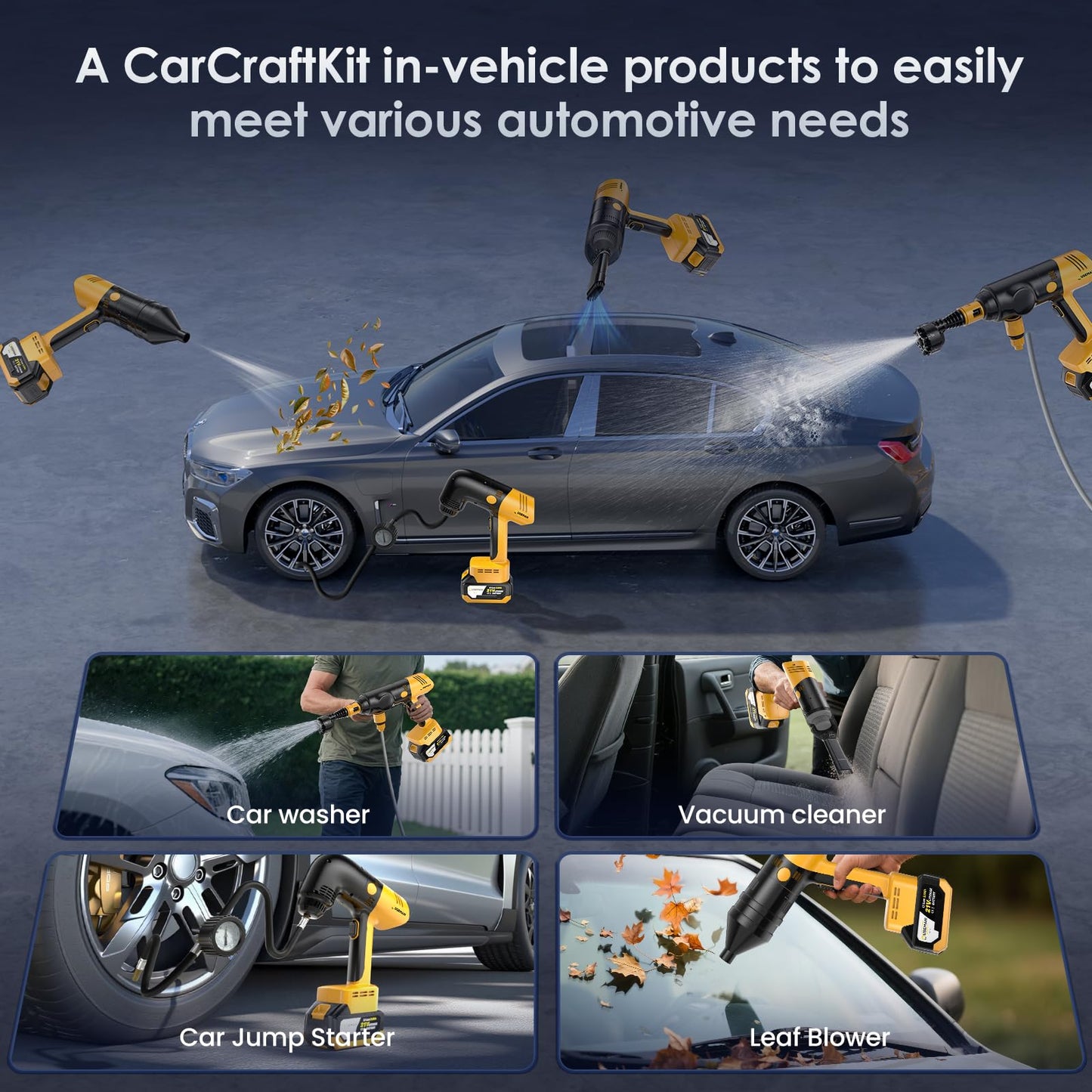 Cordless Pressure Washer 4-in-1 Kit CarCraftKit, 280 PSI High Pressure Vacuum, Tire Inflator, Air Duster, with 50000mAh Battery, 20000PA Car Vacuum Cleaner, 10000 RPM Air Duster, 150PSI Tire Inflator